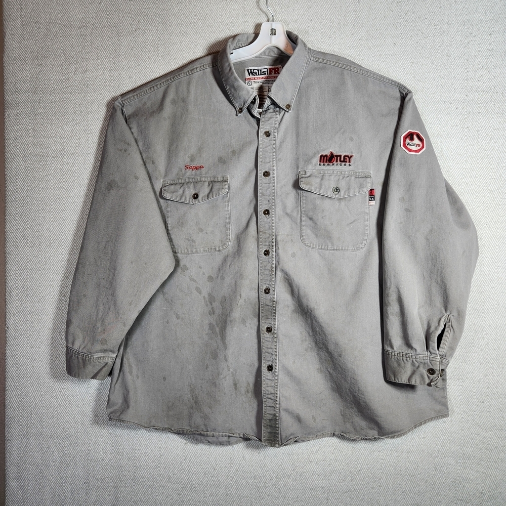Walls FR 4XL Gray Workwear Button-Up Shirt Motley Embroidery Stains See Pics